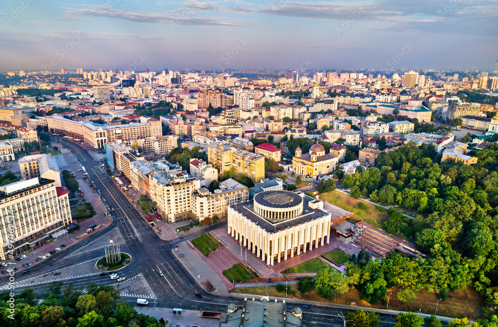 Aerial view of Khreshchatyk, European Square and Ukrainian House in Kyiv, the capital of Ukraine, before the war with Russia