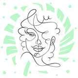 International Women's Day minimal design line drawing style. Portrait of young woman beauty face isolated on green leaf background. Vector for Spa, fashion, hairdressing and beautiful artwork design.