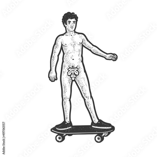 Naked first human Adam rides a skateboard sketch engraving vector illustration. T-shirt apparel print design. Scratch board imitation. Black and white hand drawn image.