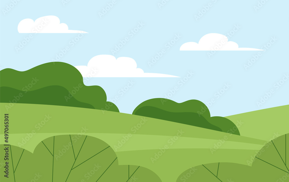 Summer landscape of nature. Panorama with green forests, fields and blue sky with clouds. Rural scener. Flat illustration