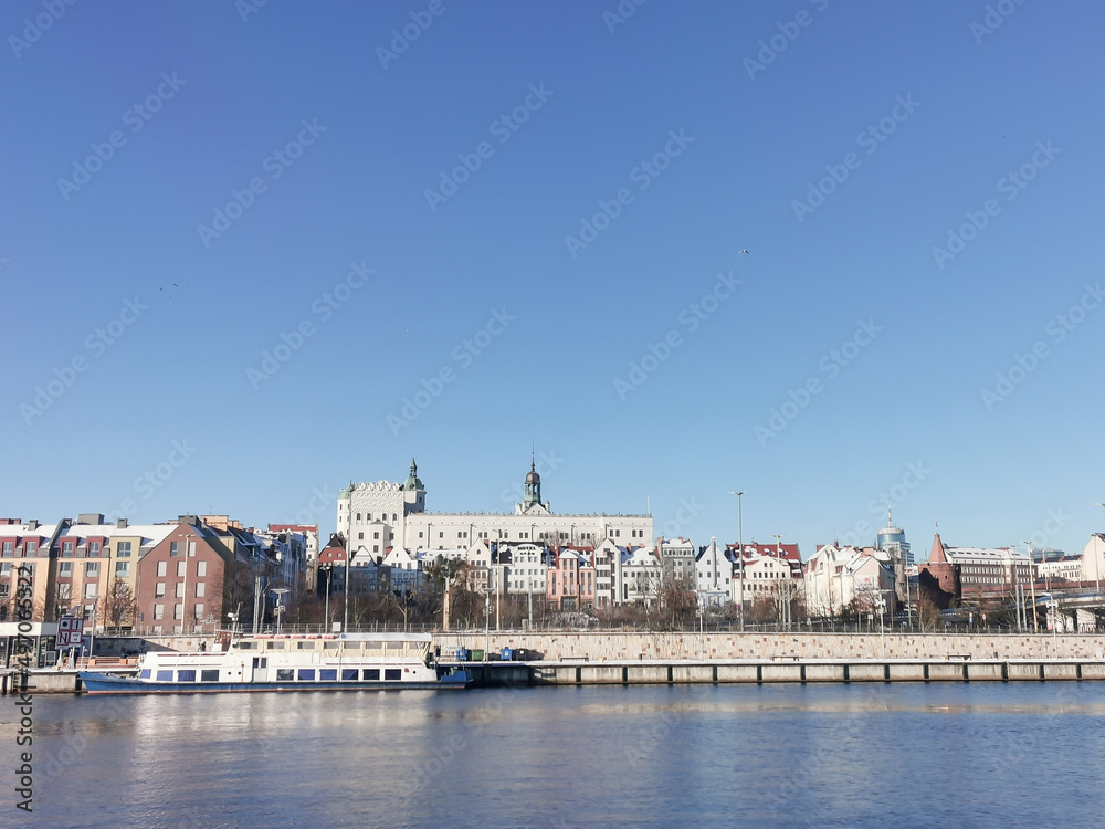 Obraz premium Panoramic view of old town in Szczecin, Stettin city. Waterfront by the Odra River, Poland.