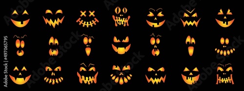 Set of creepy, scary emotions, emojis for Halloween. Face design for festive pumpkins. Icons of frightening facial expressions. Symbols of the holiday. An evil smile. Vector illustration