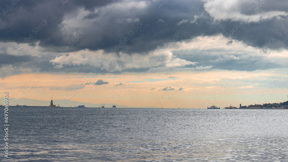 Panorama of the Bosphorus with dramatic sky at sunset