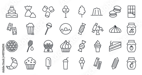 Bakery products, chocolate, candies, sweets icon set. Confectionery isolated vector line icons