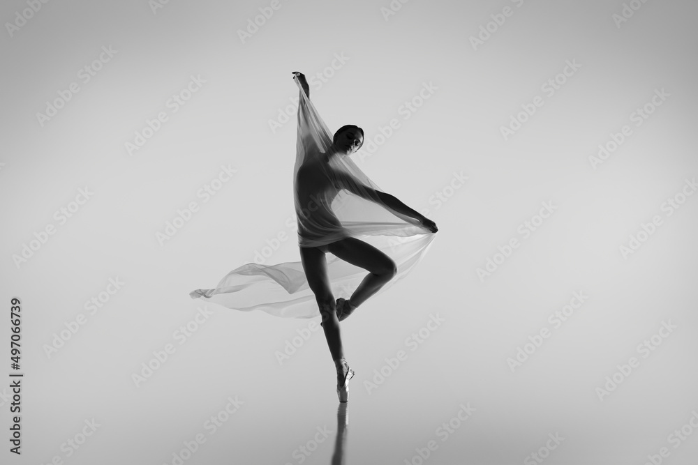 Black and white portrait of graceful ballerina dancing with fabric, cloth isolated on grey studio background. Grace, art, beauty concept. Weightless, flexible.
