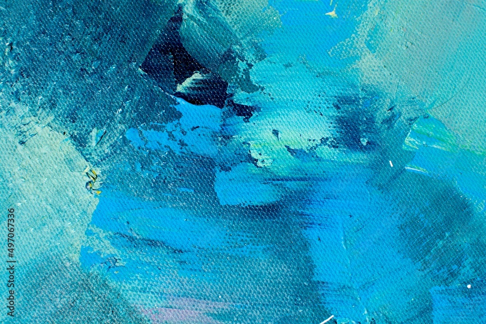 Fototapeta premium Acrylic blue background with natural canvas texture. Abstract watercolor blue pattern with green splashes. Oil painting with paint brush strokes close up for banner design, trendy greeting card.