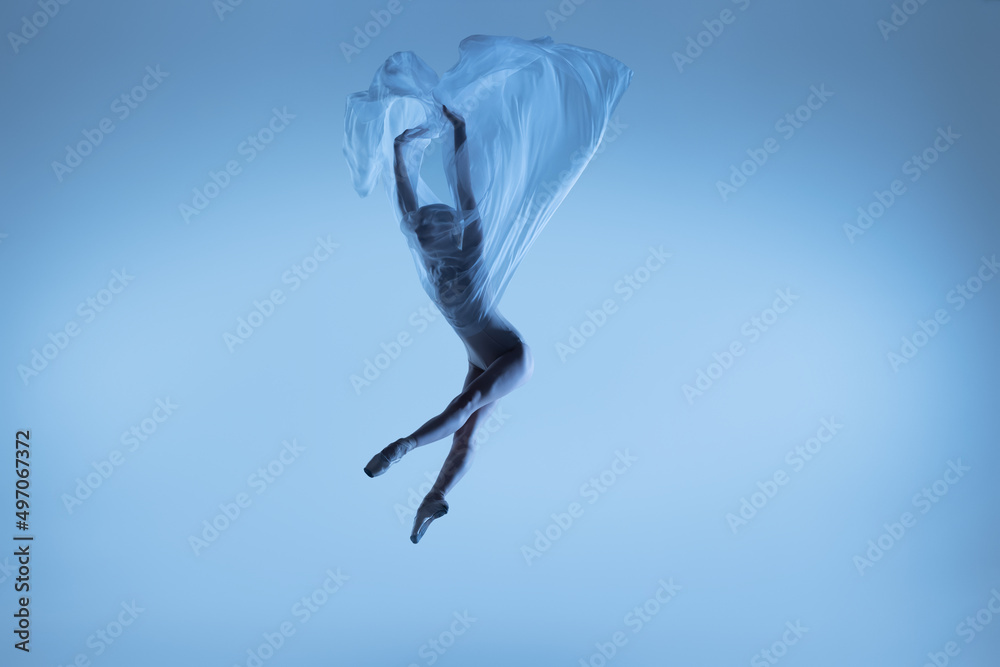 Obraz premium Portrait of flexible woman, graceful ballerina dancing with fabric, cloth isolated on blue studio background. Grace, art, beauty concept. Weightless, tenderness.