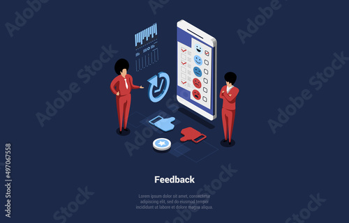 Concept Of Feedback. Tiny Business Characters, Like And Dislike Icons. Importance Of Impact of Positive Comments on Business. Different Emojis On Smartphone Screen. Isometric 3d Vector Illustration