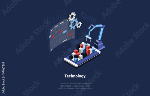 Concept Of Process Automation And APP Development With High Technologies And Programming. Robotic Process Automation. Robot Arm Manage On The Screen Of Smartphone. Isometric 3D Vector Illustration