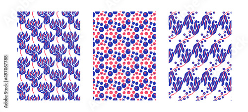 Pack de tres patrones de flores divertidos para fondos de diseño o estampados, vectores abstractos coloridos