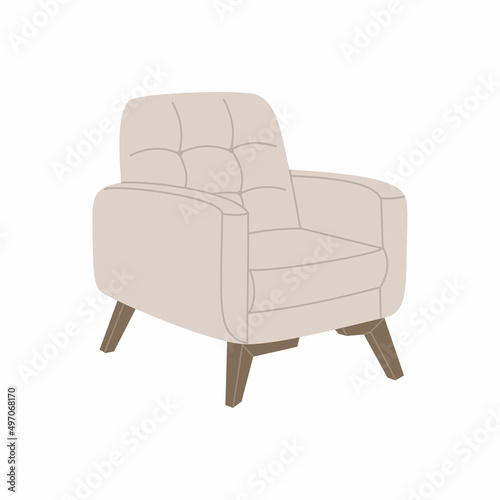 Light comfortable lounge armchair in scandinavian style. Stylish design element for cozy home decoration. Hand drawn vector illustration isolated on white background. Modern flat cartoon style.