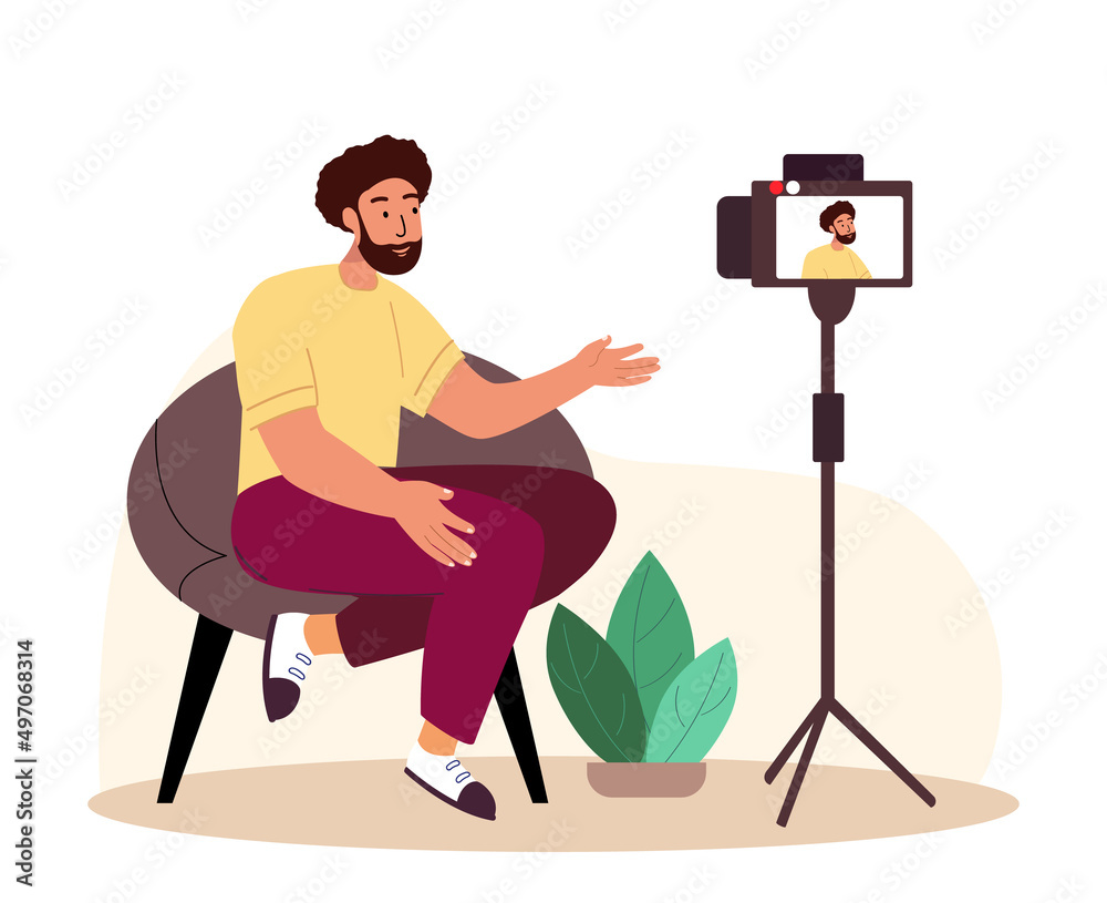 Male Character Creates Video Blog,Man Blogger Tells something in front of camera. Vlogger Speaks and telling usefull information.Cartoon People Flat Vector Illustration