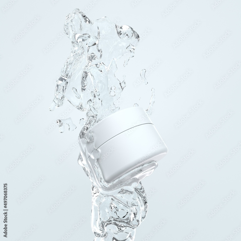 An image of a cosmetic container and a stream of water - obrazy, fototapety, plakaty 