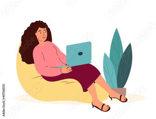 Woman work with laptop through internet.Freelance IT worker working online.Person Freelancer sitting in chair , typing smth with computer on laps.Flat vector illustration isolated on white background