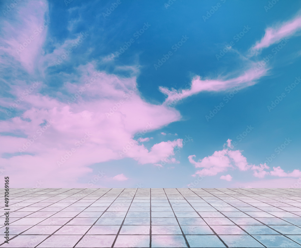 pink clouds, blue sky, gray floor. pink clouds, blue sky, gray floor.