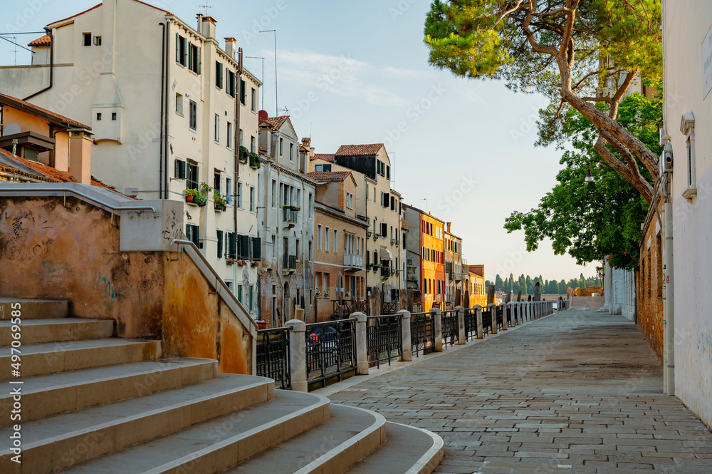 Venice, Italy - July 28 2021: Streets of Venice, during sunrise