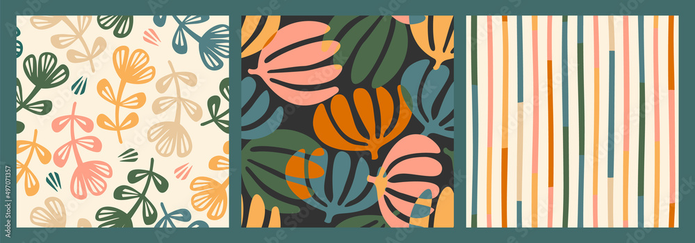 Set of abstract simple seamless pattern with flowers. Modern design for paper, cover, fabric, interior decor and other