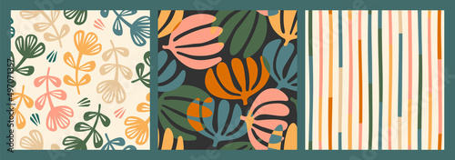 Set of abstract simple seamless pattern with flowers. Modern design for paper, cover, fabric, interior decor and other