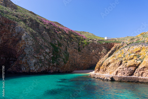 idyllic cove with small beach on a small Atlantic island wirth cliffs and many colorful flowers under a blue sky