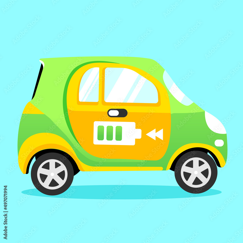 New energy vehicle is charging at a charging pile with mountains and river in the background, vector illustration New energy vehicle is charging at a charging pile with mountains and river in the background, vector illustration