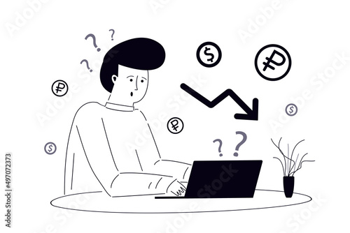 Man shocked by economy default. Budget deficit and global crisis. Business people and investor lost money. Finance decrease. Trading Risks. Fall of ruble