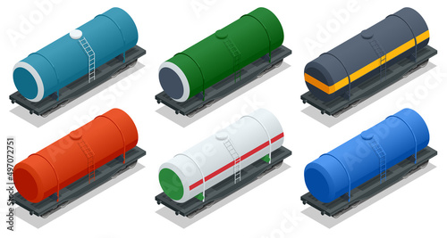 Isometric Rail Oil Gasoline Tanker Car. Cargo Freight Forwarding Transport. Railway tank for fuel. Rail freight transportation. Railway tank for transportation of petroleum products.