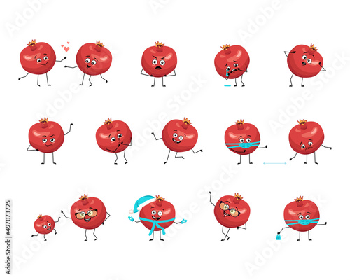 Pomegranate character with happy or sad emotions, panic, loving or brave face, hands and legs. Cheerful red exotic fruit, tropical person with mask, glasses or hat. Vector flat illustration 