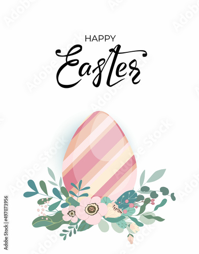 Easter card with colorful egg, leaves and flowers and hand drawn lettering text on white background. Egg Icon with beautiful floral cute design for festive invitation. Vector illustration.