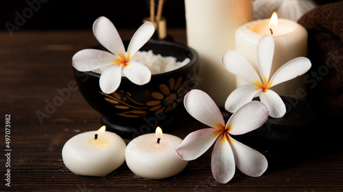 Thai spa massage. Spa treatment cosmetic beauty. Therapy aromatherapy for care body women with candles for relax wellness. Aroma and salt scrub setting ready healthy lifestyle