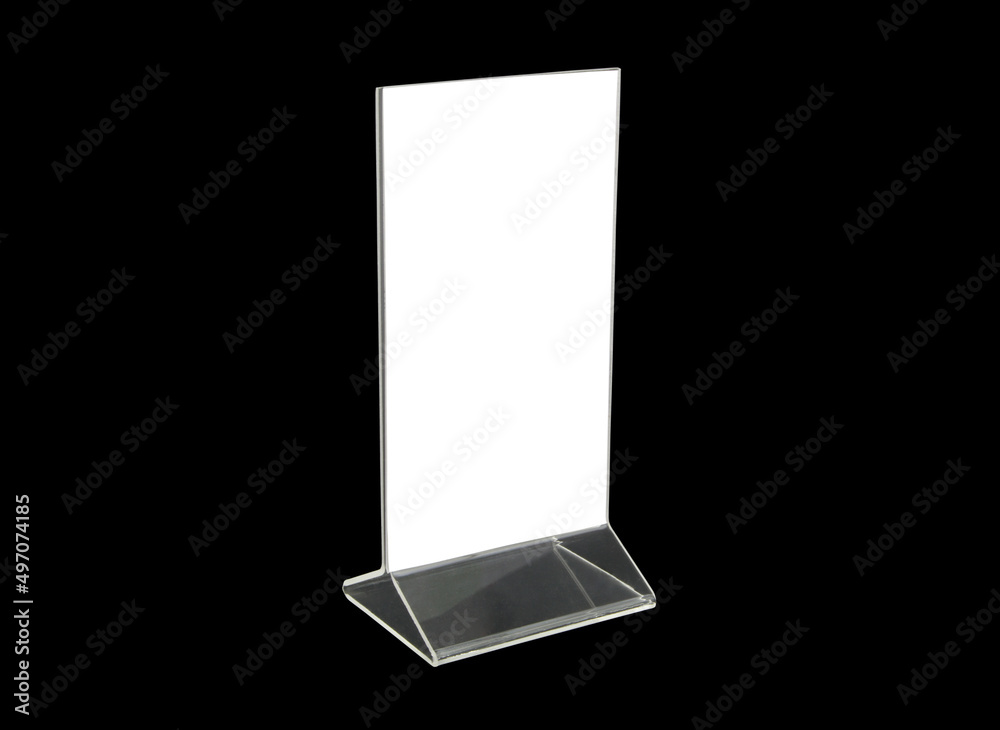 Vertical plastic desk display isolated on black. Advertising stand with copy space for text. Vertical plastic desk display isolated on black. Advertising stand with copy space for text.