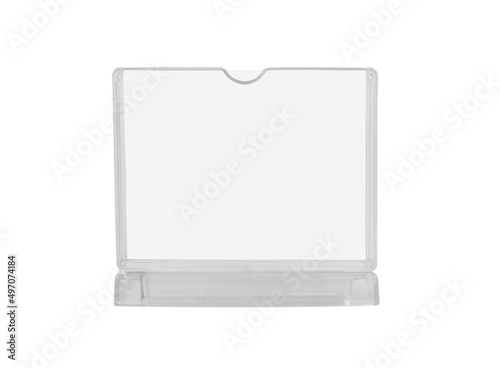 Transparent plastic desk display isolated on white background. 
