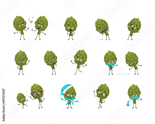Artichoke character with happy or sad emotions, panic, loving or brave face, hands and legs. Cheerful green vegetable, exotic person with mask, glasses or hat. Vector flat illustration 