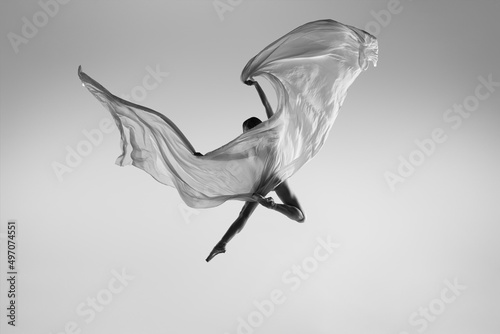 Leinwand Poster Black and white portrait of graceful ballerina dancing with fabric, cloth isolated on grey studio background