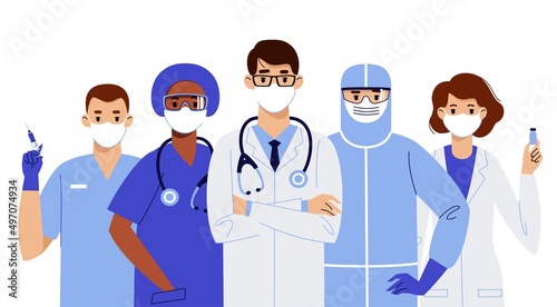 International medics team in face masks. Covid-19. Vaccination and pandemic prevention.
