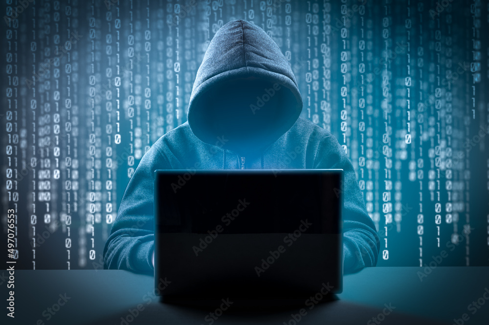 Cyber attack, system breaking and malware. Faceless hooded anonymous  computer hacker. Hacking and malware concept. Faceless man in hoodie with  laptop in the dark Photos | Adobe Stock