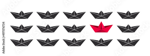 Paper boat. The red boat stands out from the crowd. Vector illustration