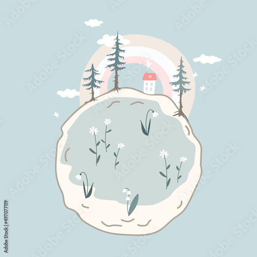 MobileCote round planet with green trees and cosy house. Happy Earth day concept, clean and healthy planet. Home of happiness and calmness. Flat vector illustration