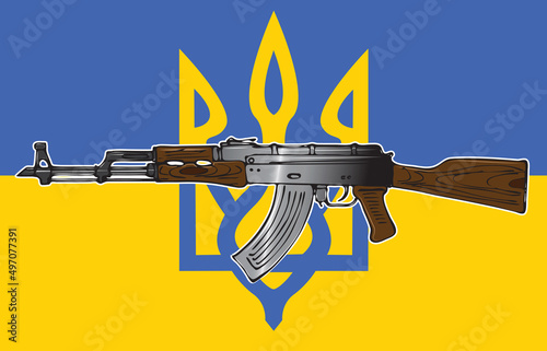 Vector image of the symbol of Ukrainian resistance AK 47 on the background of the Ukrainian flag and the trident