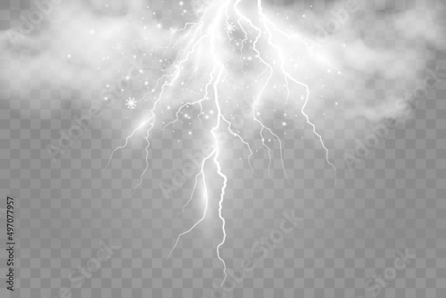 Vector image of realistic lightning. Flash of thunder on a transparent background.