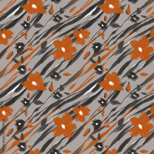 Schilderij op canvas The skin of a wild animal tiger, zebra and traditional tribal motifs flowers