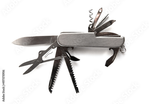 Metallic swiss knife isolated on white photo