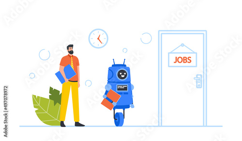 Robot and Businessman with Cv in Hand Waiting Invitation for Job Interview at Lobby. Human and Machine Characters Hiring