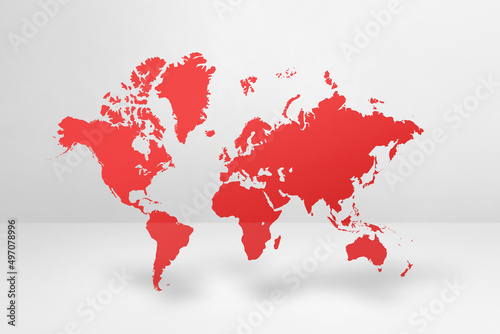 Fototapeta Naklejka Na Ścianę i Meble -  Red world map on white wall background. 3D illustration