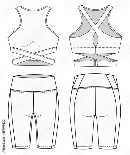 Girls Sports Bra and Cycling shorts fashion flat  sketch template. Women Active wear Crop top and Leggings technical fashion illustration. Front and back view. Outline fashion technical sketch set.