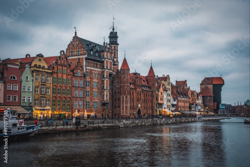 Gdansk old town and famous crane in cloudy day. Gdansk, Poland. November 2021