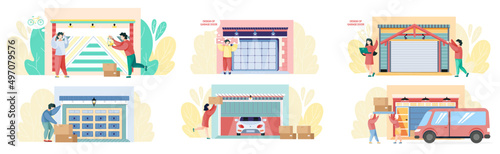 Set of illustrations about people transporting old things to garage. Characters looking for storage place. Search and selection of place for car parking and items. Automatic doors of modern garage