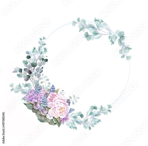 Females floral wreath made of peony eucalyptus  forget-me-nots. Watercolor illustration.