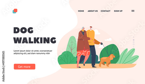 Outdoor Promenade With Pet Landing Page Template. Elderly Couple Characters Walk With Dog at Park. Happy Time Together