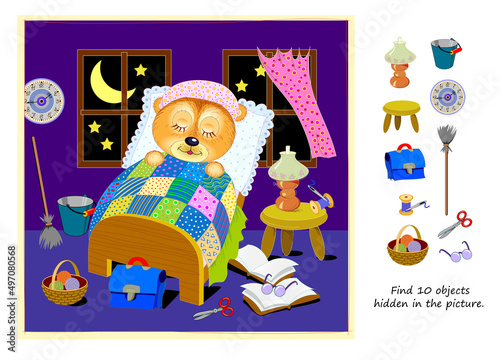 Logic puzzle game for kids. Find 10 objects hidden in the picture. Cute bear sleeps at night. Educational page for children. Play online. IQ test. Task for attentiveness. Cartoon vector illustration.