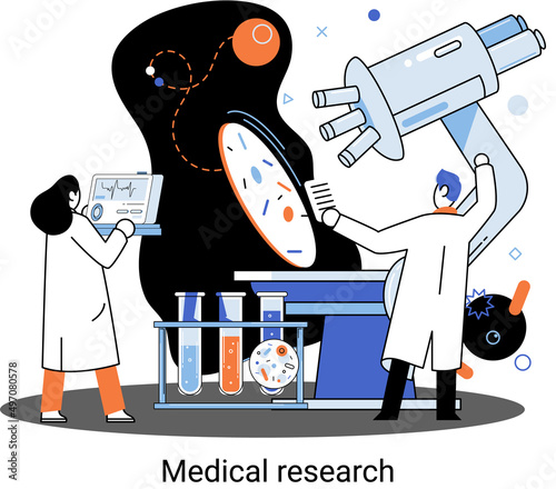Medical research metaphor. Laboratory diagnostic services, Scientists work equipment and microscope. Virologists chemistry clinic laboratories, microbiology pharmaceutical research. Vaccine discovery